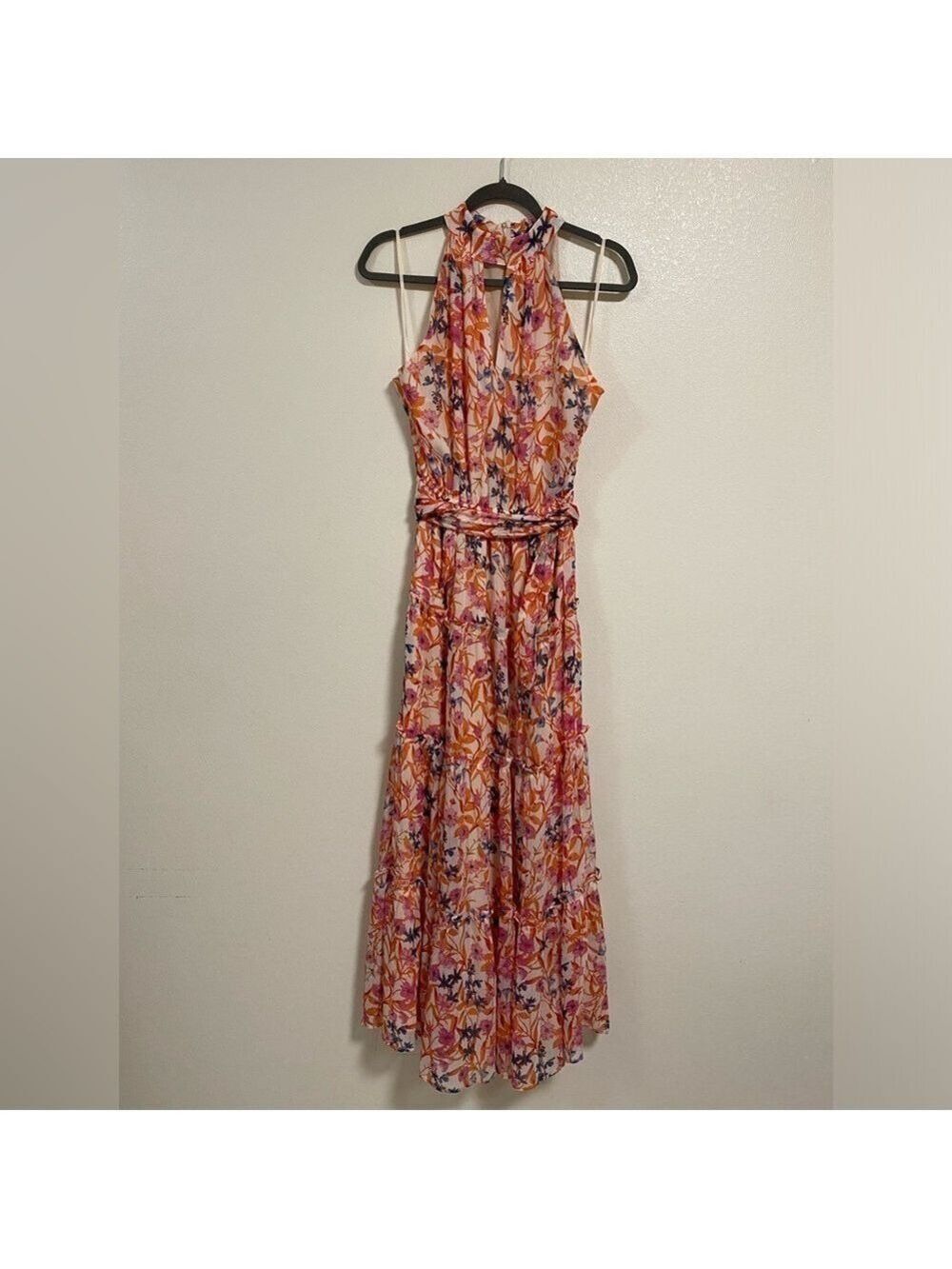 Fate Dress Womens Size Medium Orange Multi Floral Keyhole Ruffle Hem Maxi Dress